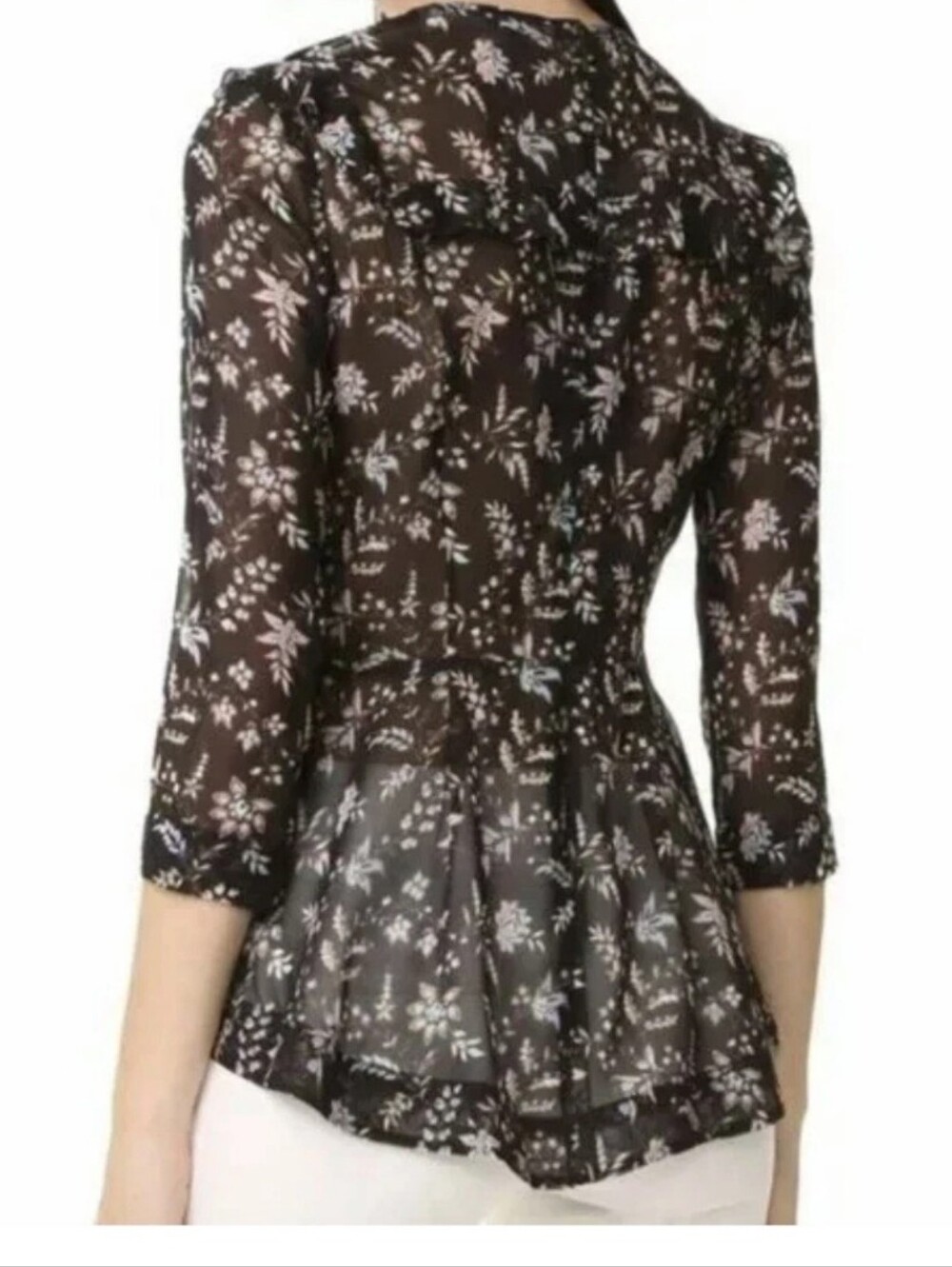 Veronica Beard Thompson Blouse Black Silk Floral Ruffle Peplum - Picture 7 of 16